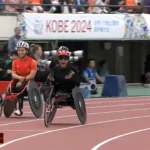 Noemi Alphonse scream of joy after crossing the finish line first in the 100m T54 final at the Kobe 2024 World Para Athletics Championships